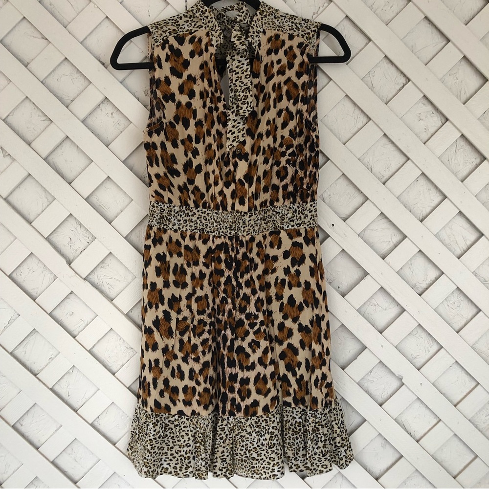 Mittoshop Animal Print Ruffle Hem Neck Tie Mini Dress Boho S